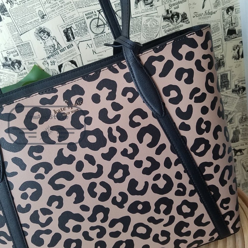 Kate Spade NWT Black Cara Leopard Animal Print Large Leather Tote Shoulder Bag - Picture 5 of 13